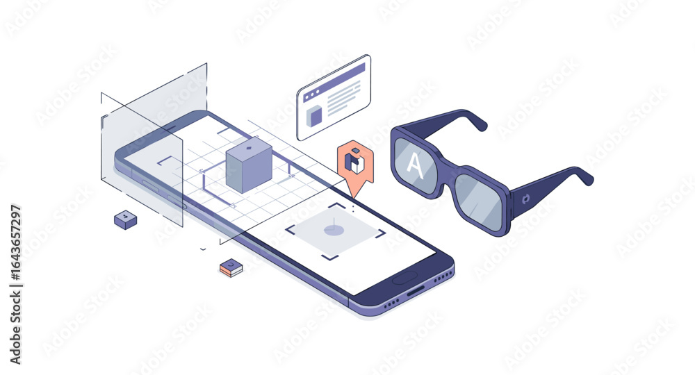 Poster isometric augmented reality concept with smartphone and 3d interface elements