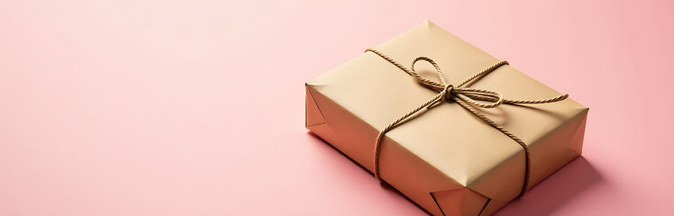 brown kraft paper package wrapped twine placed atop soft pink background gentle natural light casting warm glow around
