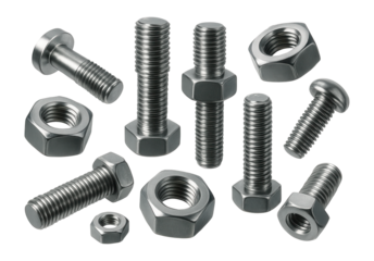 Collection of metallic bolts and nuts with threaded designs.