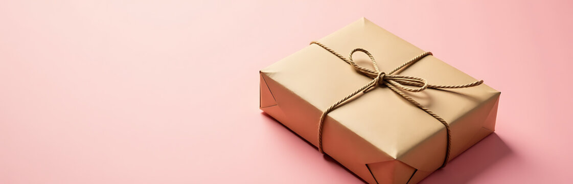 brown kraft paper package wrapped twine placed atop soft pink background gentle natural light casting warm glow around