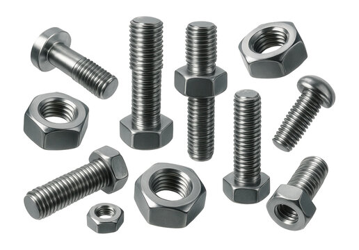 Collection of metallic bolts and nuts with threaded designs.