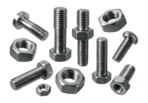 Collection of metallic bolts and nuts with threaded designs.