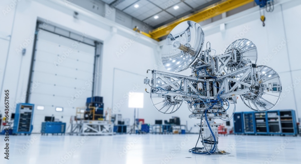 Poster tactical communications antenna fully deployed for functional testing in a spacious whitewalled sate