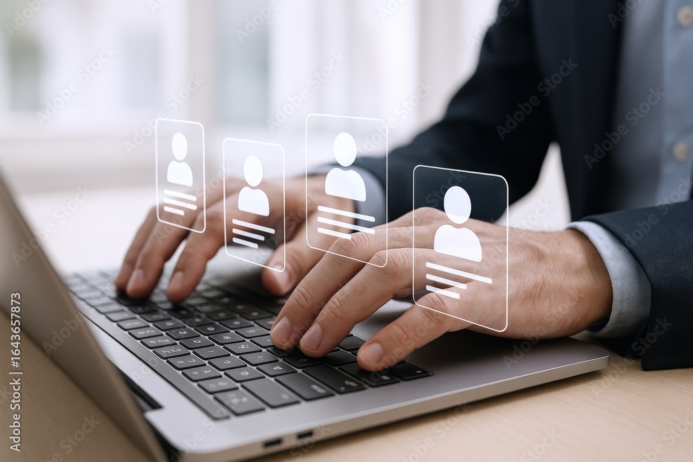 Aufkleber recruiter uses laptop to browse candidate profiles, selects resume with interface icons displayed