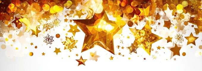 Gold stars and snowflakes on white background with bokeh