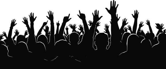 Silhouette of a large crowd of people with raised hands, cheering and celebrating an event, vector illustration of a group of fans at a concert
