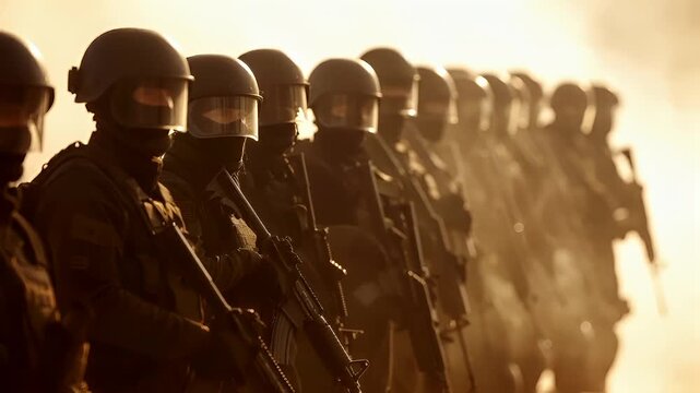 A silhouette of a group of soldiers marching in formation during what appears to be a protest or demonstration. The soldiers are wearing helmets and protective gear.