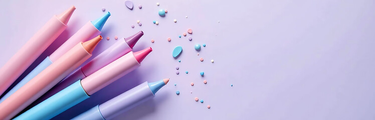 bouquet pastel pink blue purple markers scattered artfully across soft lavender background captured tight