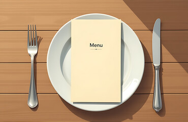 beige menu card lies wooden table surrounded delicate fork knife atop matching plate soft natural