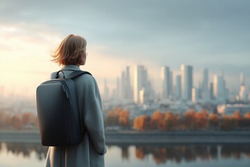 solo traveler with smart backpack overlooking modern autumn cityscape