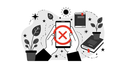 Monochrome digital detox concept with smartphone, books, and plants