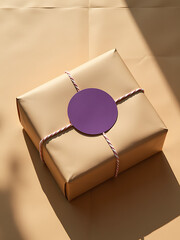 beautifully wrapped gift sits weathered kraft paper background adorned round deep purple sticker bearing subtle sheen soft