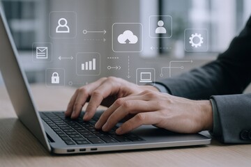 Businessman working on laptop with digital cloud, connection, and business concept icons, illustrating data processing
