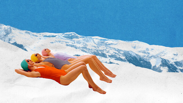 Colorful poster. Trio of retro women in colorful swimsuits and caps sunbathing on snowy mountain slope. Concept of fashion editorials, travel destinations, and humorous seasonal brand campaigns.