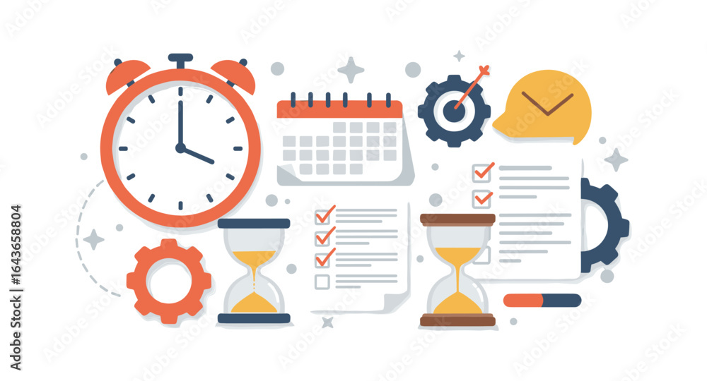 Poster time management and productivity tools in a modern flat design