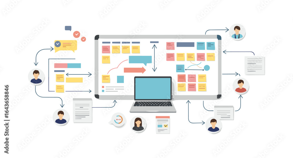 Poster collaborative workflow diagram with digital whiteboard and team communication