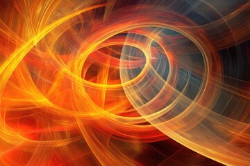 Obraz premium Abstract swirling vortex of luminous orange, yellow, and grey translucent strands against a dark background, creating a dynamic and energetic composition