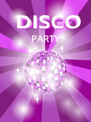 Retro Groovy disco ball  sunburst and stars . Disco fever vintage poster for retro 70s parties. Vector illustration.