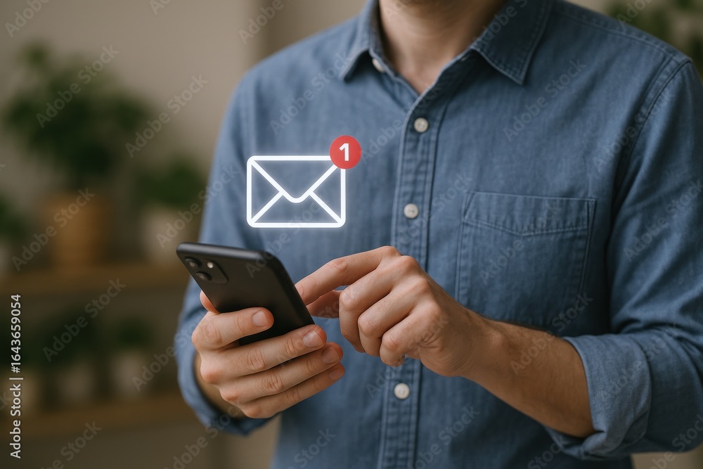 Poster man checks inbox on smartphone with new email notification, communication and technology concept