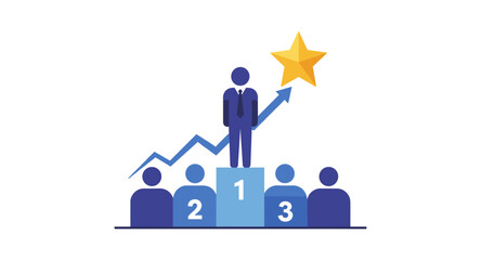 Business leader standing on podium with growth arrow and star icon