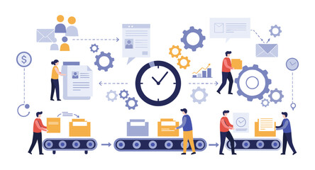 Flat design concept of workflow automation with teamwork and productivity elements