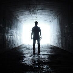 Obraz premium Silhouette of Person in Concrete Tunnel with Bright Light