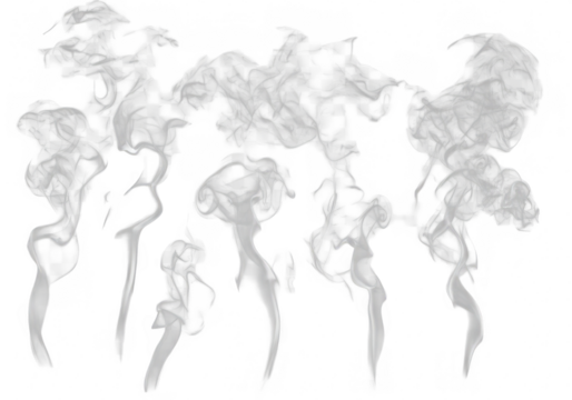 Grey smoke wisps and curls isolated on transparent background