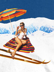 Graphic composition. Woman in white swimsuit sits on skis under colorful beach umbrella against...