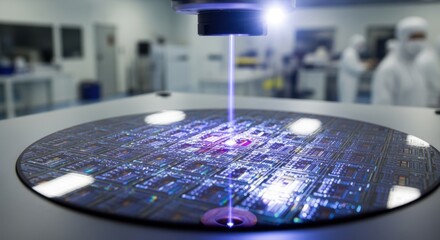 Multilayer chip pattern design projected onto wafer surface during photolithography exposure inside bright filteredair cleanroom.