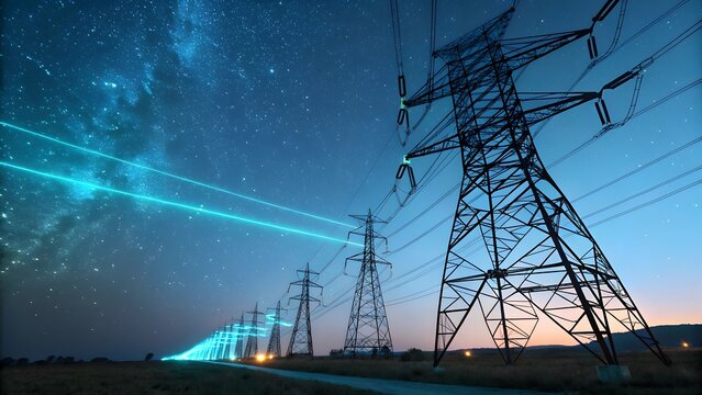 Electric Power Lines Under Starry Sky with Neon Light Trails