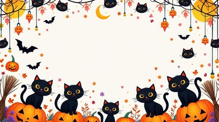 Cute halloween frame with black cats, pumpkins, bats and autumn decoration