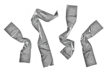 Four crumpled silver tape strips isolated on transparent background