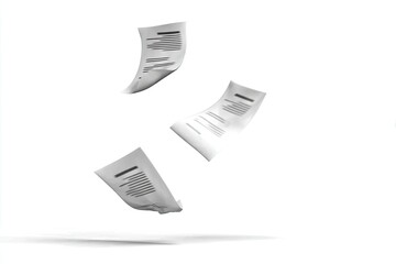 Three sheets of paper, printed with text, floating in mid-air