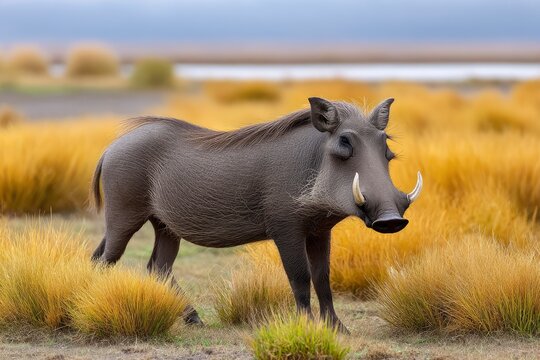 A warthog stands in tall yellow grass with lakeplain in background - Powered by Adobe