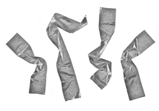 Four crumpled silver tape strips isolated on transparent background