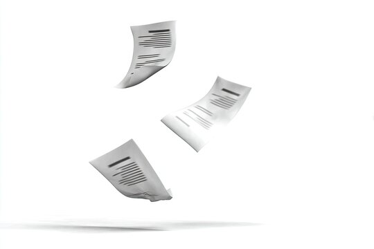 Three sheets of paper, printed with text, floating in mid-air