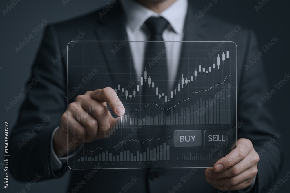 Poster man in suit interacting with stock market interface displaying candlestick charts and trading option