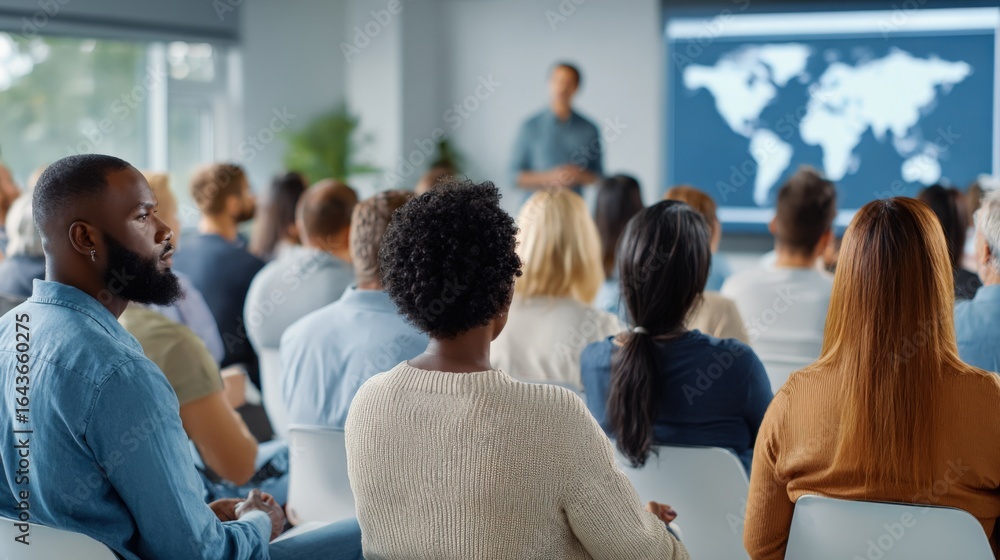 Poster diverse audience attending global business conference presentation with speaker projecting world map