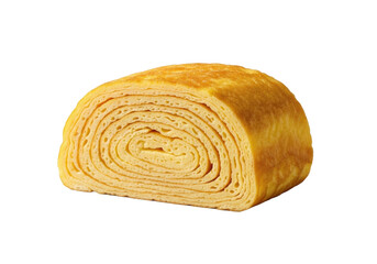 A single, golden-yellow Japanese Tamagoyaki, cut diagonally, revealing fluffy, moist layers and velvety sheen, against a transparent background, inviting culinary appreciation