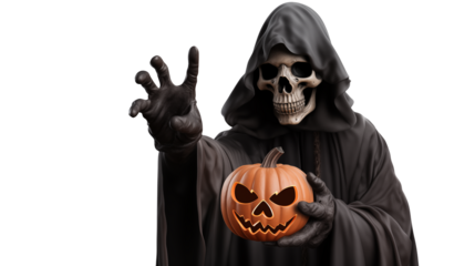 Spooky halloween reaper with glowing jack-o'-lantern, ready to add thrills to your seasonal designs and haunted house invitations, perfect for a chilling, festive theme