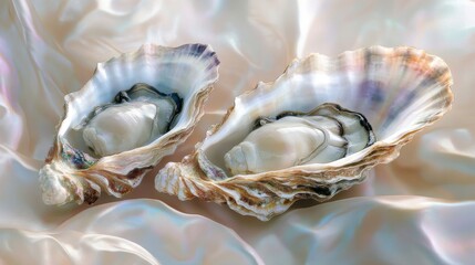 Two Open Oysters with Pearls on Draped Fabric