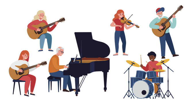 Diverse band of musicians playing instruments in flat design on white background