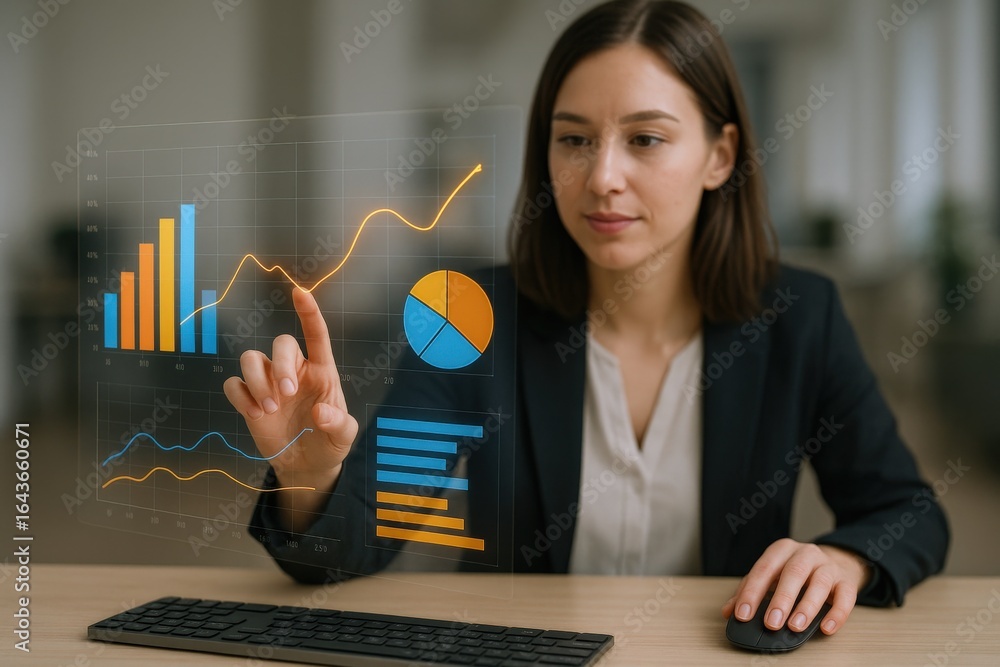 Poster businesswoman analyzing financial data on a transparent screen displaying charts and graphs in a mod
