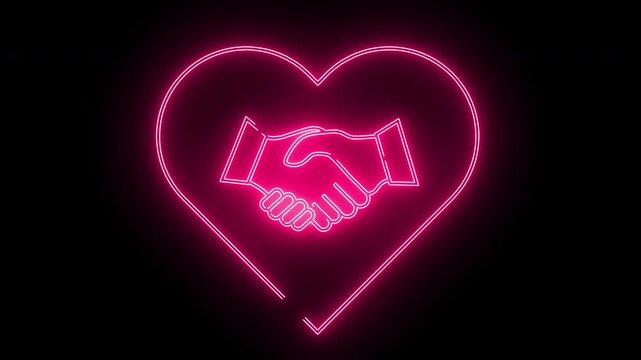 love icon inside handshake icon with neon effect