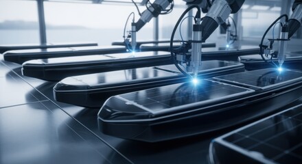 Composite material panels of floating solar pontoon arranged in ultrasonic weld bay highlighting innovative marine technology.