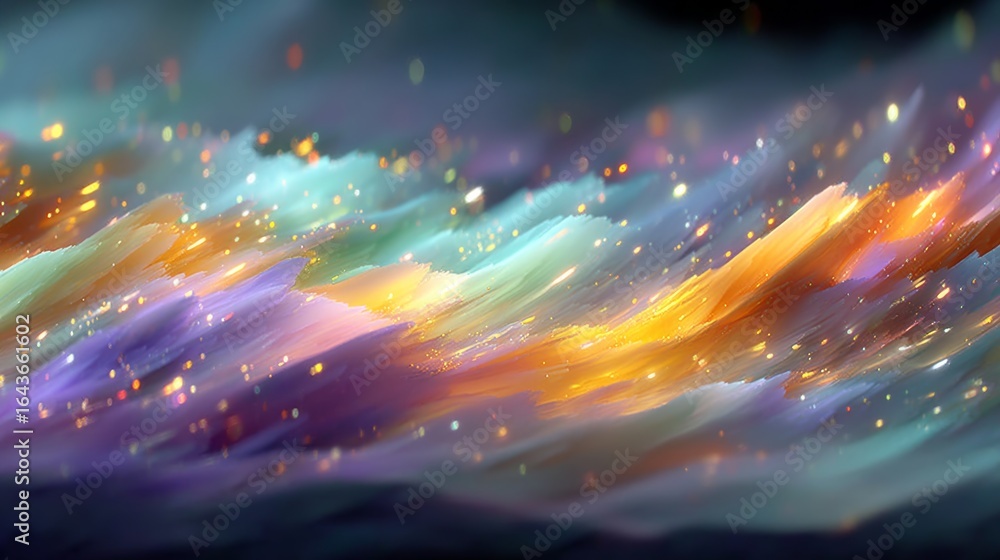Poster abstract colorful background with flowing lines, sparkles, and vibrant colors creating a magical and