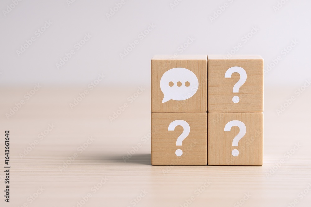 Poster wooden blocks displaying question marks and speech bubble: seeking answers and communication concept