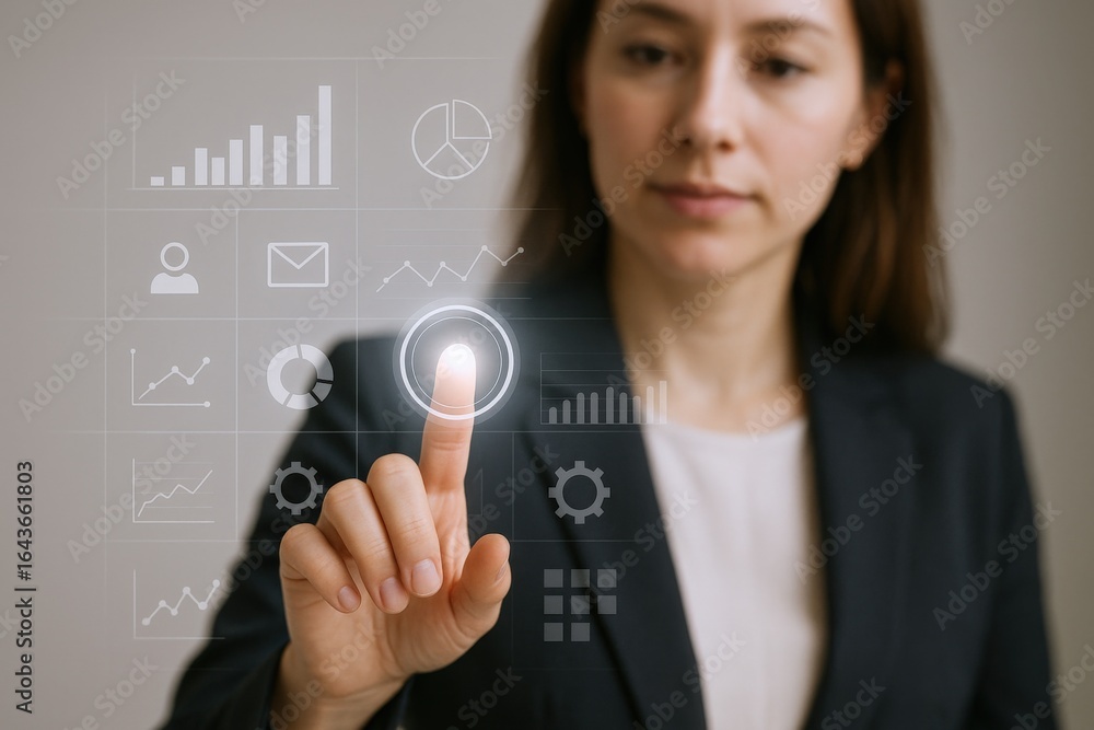 Poster businesswoman interacting with futuristic digital interface displaying analytics, chart, and data po
