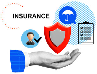 Open hand holding red shield with insurance icons including umbrella, checklist, and user avatar in...
