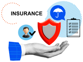 Open hand holding red shield with insurance icons including umbrella, checklist, and user avatar in a modern isolated graphic style on white background